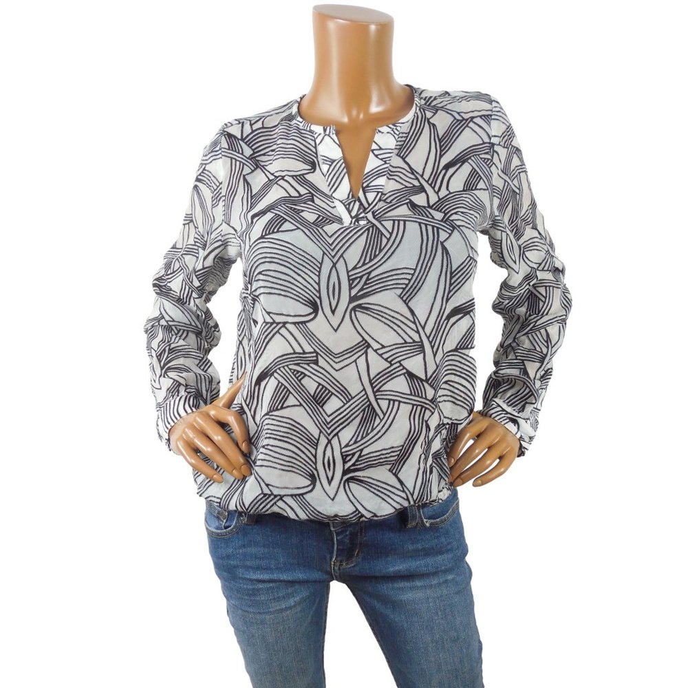 THE LIMITED Top L Print Blouse V-Neck Sheer Long Sleeve Cropped Length